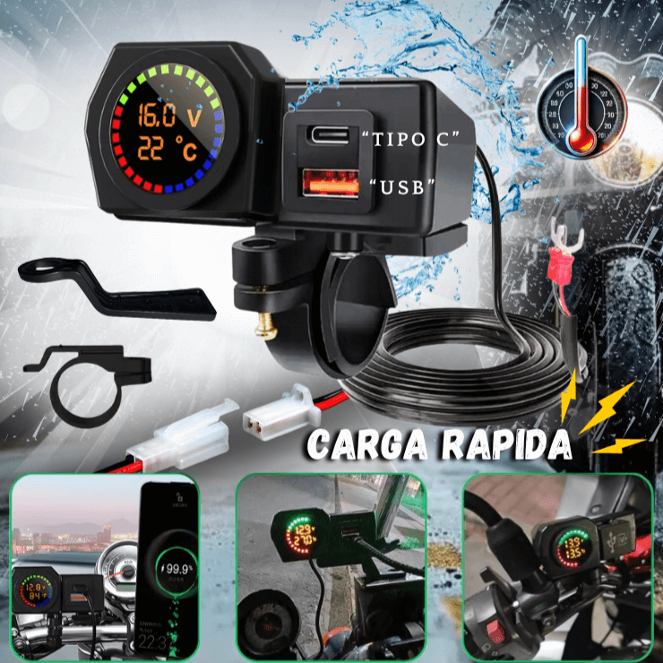 Cargador Moto USB + Tipo C con Voltímetro – Incluye Guantes