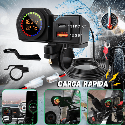 Cargador Moto USB + Tipo C con Voltímetro – Incluye Guantes