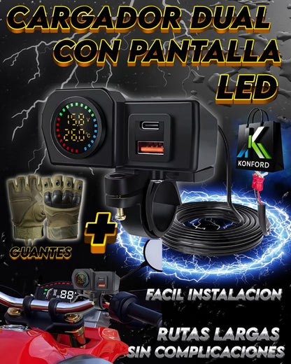 Cargador Moto USB + Tipo C con Voltímetro – Incluye Guantes
