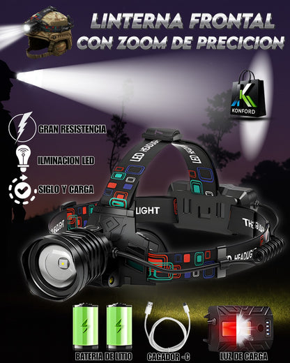 Linterna Profesional Frontal LED con Zoom de Precisión